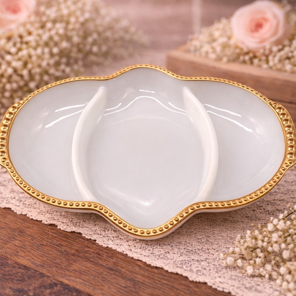 Fire King White Milk Glass Gold‎ Trim Divide Serving Dish